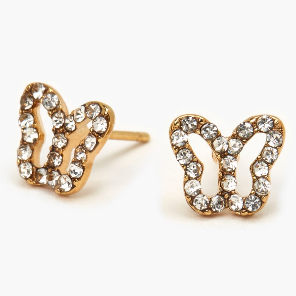 14k GOLD PLATED Crystal Rhinestone Outlined Butterfly Stud Mini Earrings NWT